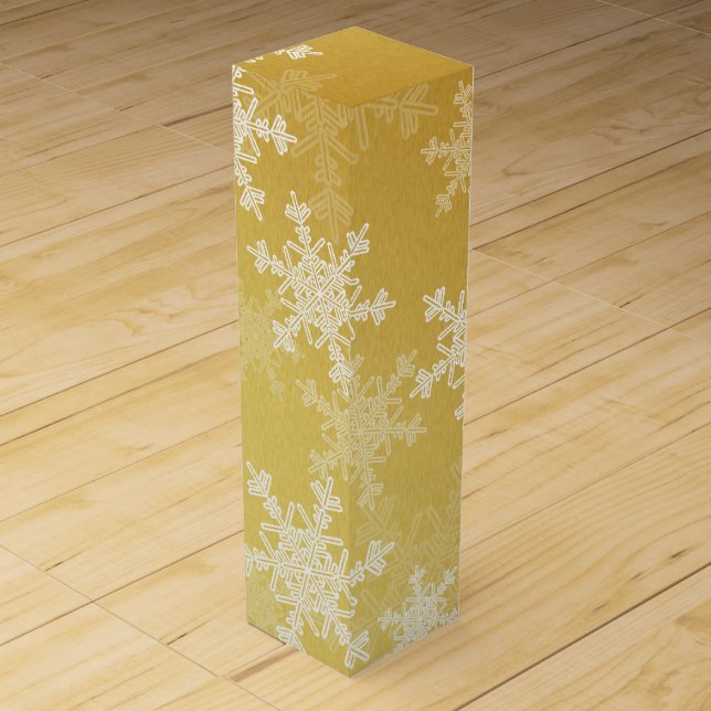 Golden White Snowflakes Minimalist Christmas Wine Box (Front)