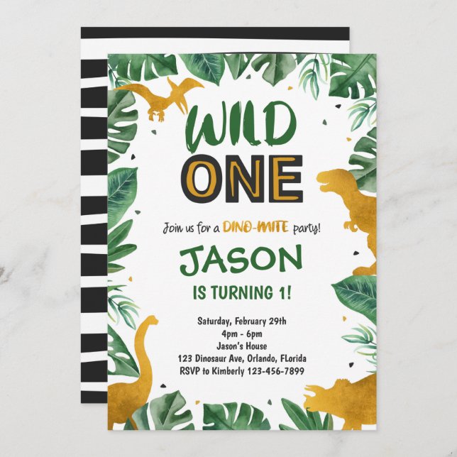 Golden Wild One Dinosaur Invitation (Front/Back)