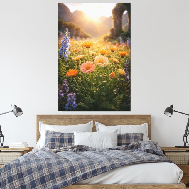 Golden Wildflowers at Sunrise – Cinematic Floral Canvas Print (Insitu(Bedroom))