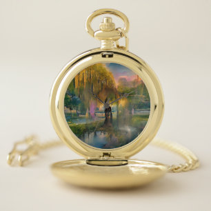 Golden Willow tree at sunset by the pond abstract Pocket Watch