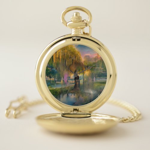 Golden Willow tree at sunset by the pond abstract  Pocket Watch