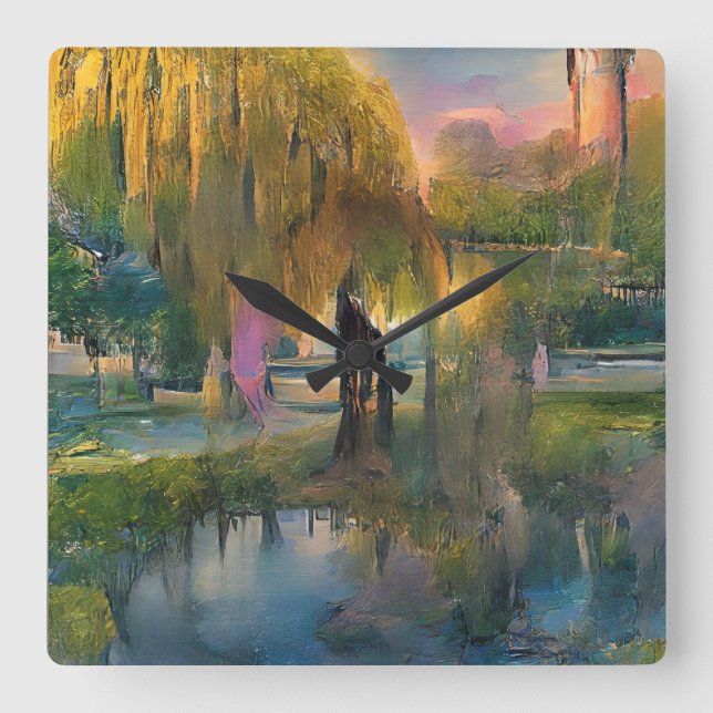 Golden Willow tree at sunset by the pond abstract  Square Wall Clock (Front)