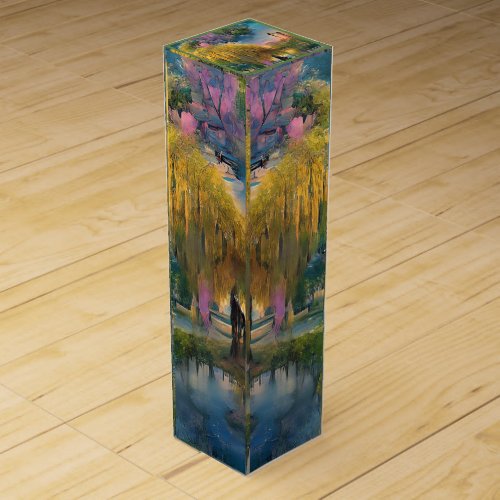 Golden Willow Tree at Sunset by the Pond Abstract  Wine Box