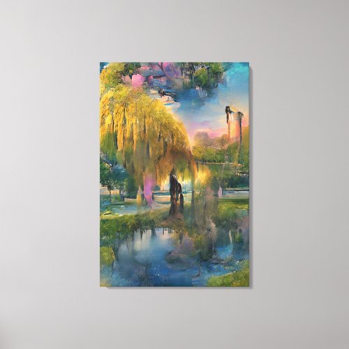 Golden Willow tree at sunset by the pond  Canvas Print