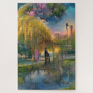 Golden Willow tree at sunset by the pond Jigsaw Puzzle