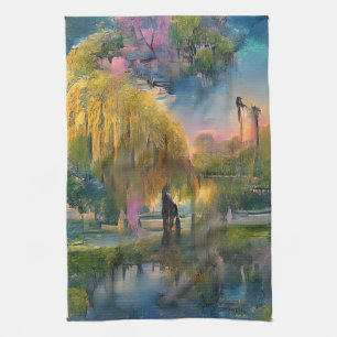 Golden Willow tree at sunset by the pond  Kitchen Towel