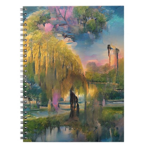 Golden Willow tree at sunset by the pond  Notebook