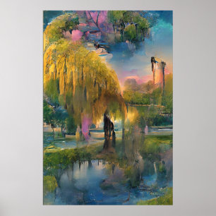 Golden Willow tree at sunset by the pond Poster