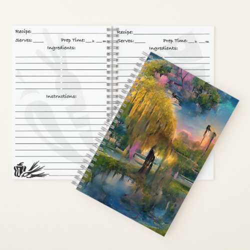 Golden Willow tree at sunset by the pond Recipe Notebook