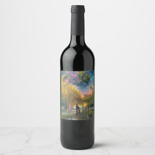 Golden Willow tree at sunset by the pond   Wine Label (Front)
