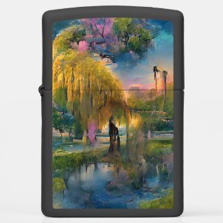 Golden Willow tree at sunset by the pond