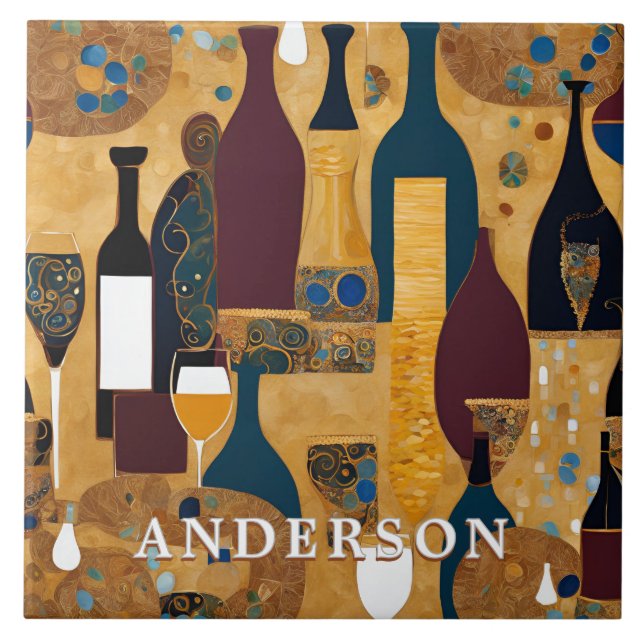 Golden Wine Glass Bottles Abstract  Ceramic Tile (Front)
