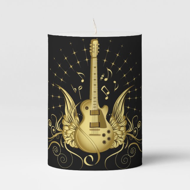 Golden Winged Guitar Pillar Candle (Front)