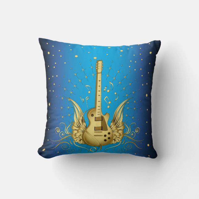 Golden Winged Guitar Throw Pillow (Front)