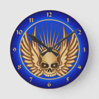 Golden Winged Skull Round Clock