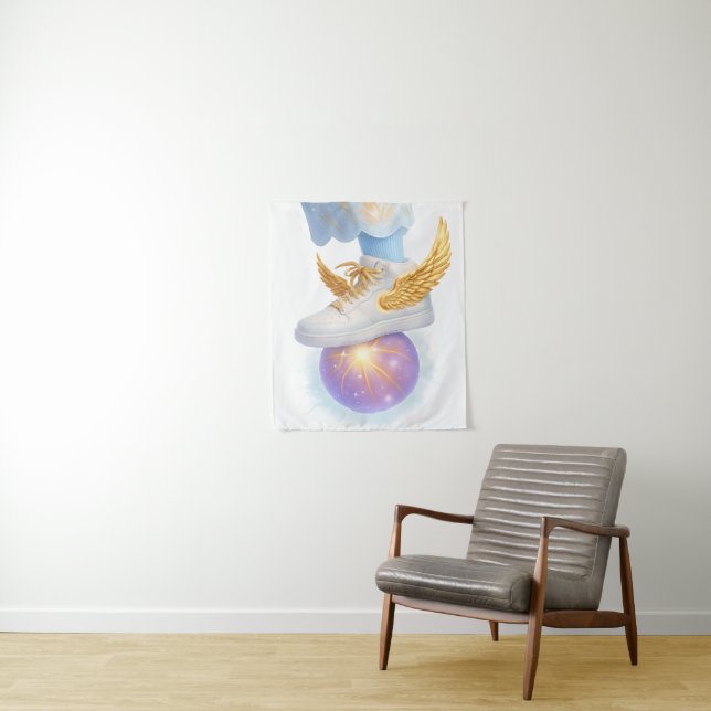Golden Winged Sneaker on Glowing Orb Tapestry (In Situ)