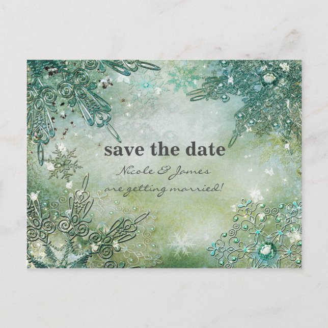 Golden Winter Elegant Snowflakes Save the date Announcement Postcard (Front)