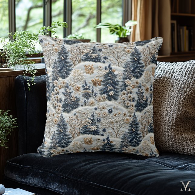 Golden Winter Forest – Snowy Trees & Floral Elegan Throw Pillow (Creator Uploaded)