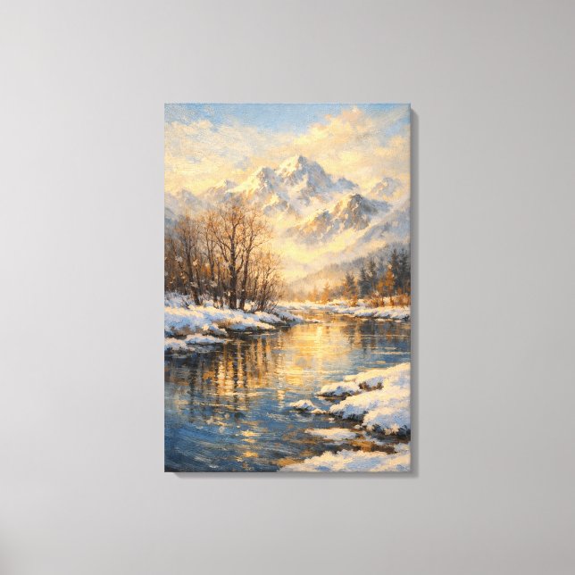 Golden Winter River Serenity – Oil Painting Canvas Print (Front)