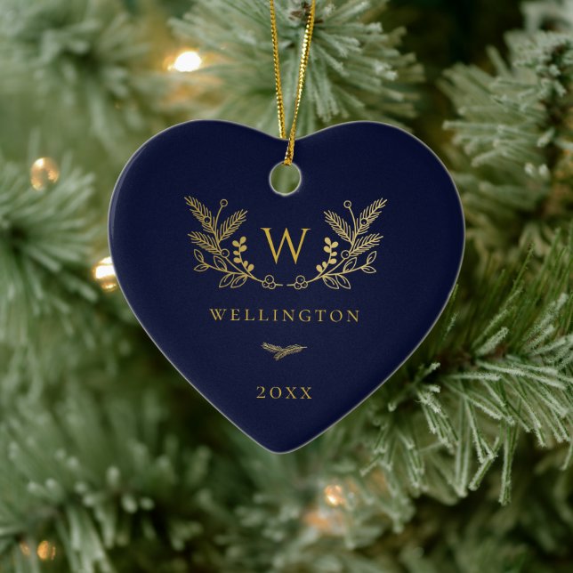 Golden Winter Sprigs Monogram Blue Ceramic Ornament (Tree)