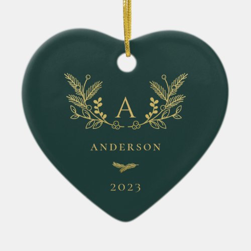 Golden Winter Sprigs Monogram Green Photo Ceramic Ornament