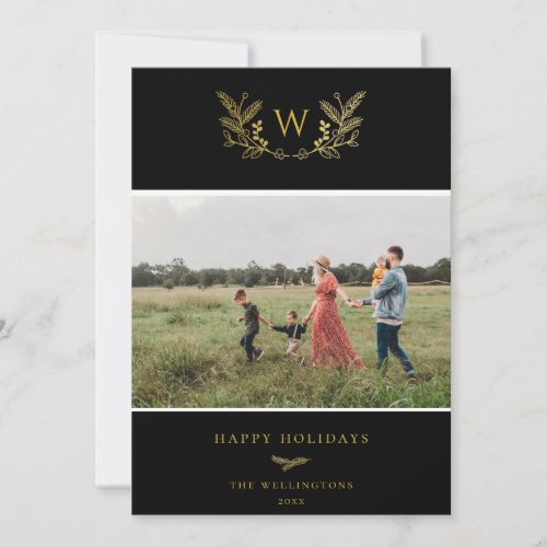 Golden Winter Sprigs Monogram Photo Black Holiday Card