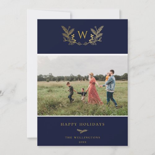 Golden Winter Sprigs Monogram Photo Blue Holiday Card