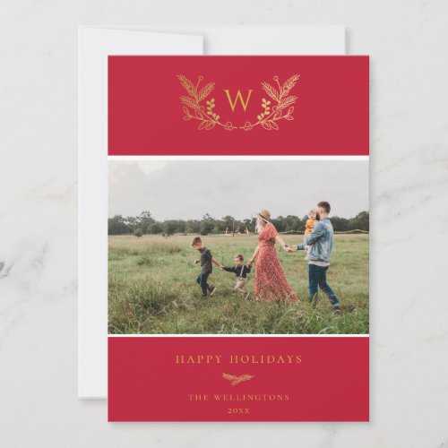 Golden Winter Sprigs Monogram Photo Red Holiday Card