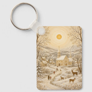 Golden Winter Village Church Landscape Keychain