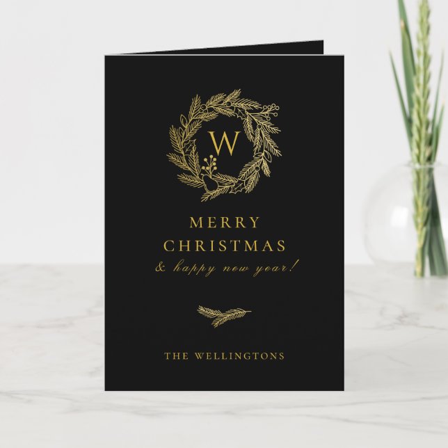 Golden Winter Wreath Black Holiday Card (Front)