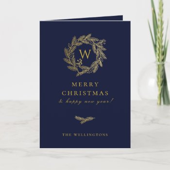 Golden Winter Wreath Blue Holiday Card by PoshPaperCo at Zazzle