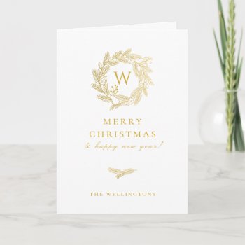 Golden Winter Wreath Monogram Holiday Card by PoshPaperCo at Zazzle