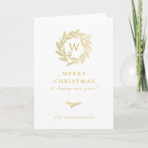 Golden Winter Wreath Monogram Holiday Card