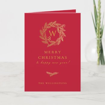 Golden Winter Wreath Red Holiday Card by PoshPaperCo at Zazzle