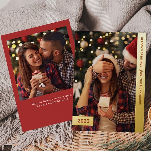 Golden Wishes  Modern Two Photo Foil Holiday Card