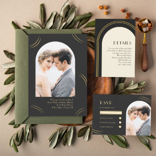 Golden Wisps Black Two Photo Wedding Invitation