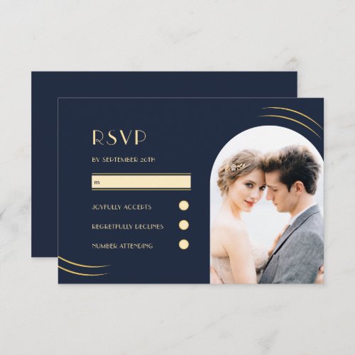 Golden Wisps Dark Blue Photo Wedding RSVP Card