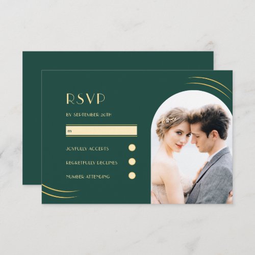 Golden Wisps Emerald Green Photo Wedding RSVP Card