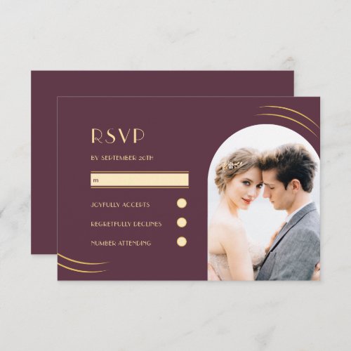 Golden Wisps Plum Photo Wedding RSVP Card