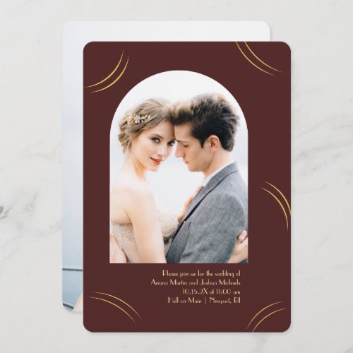 Golden Wisps Two Photo Burgundy Wedding Invitation