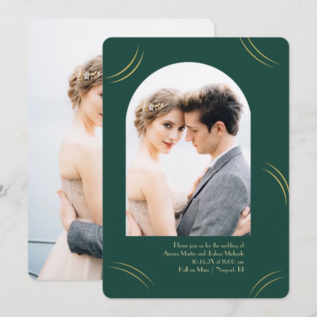 Golden Wisps Two Photo Emerald Green Wedding Invitation (Front/Back)