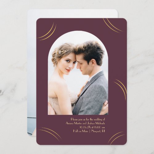 Golden Wisps Two Photo Plum Wedding  Invitation