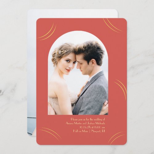 Golden Wisps Two Photo Red Wedding Invitation