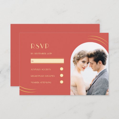 Golden Wisps Vibrant Red Photo Wedding RSVP Card