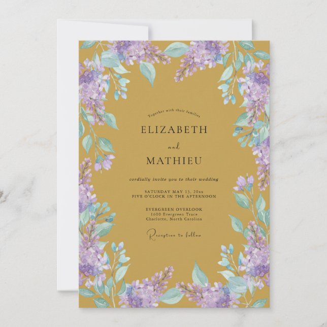 Golden Wisteria Lilac Wedding Invitation (Front)
