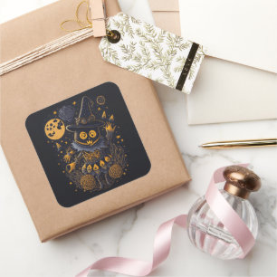 Golden Witch Cat Sticker Elegant Halloween Label