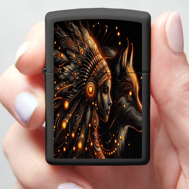 Golden Wolf and Native Guardian b Zippo Lighter (In Hand)