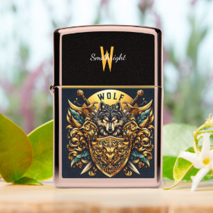 Golden Wolf Crest With Swords Zippo Lighter