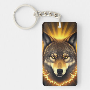 Golden Wolf Face Art Emanating Glowing Energy Keychain