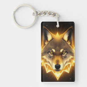 Golden Wolf Face Art Emanating Glowing Energy Keychain